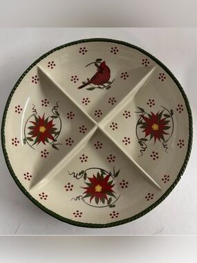 Temp-Tations Red Cardinal & Poinsettia Divided Ceramic Serving Platter NIB